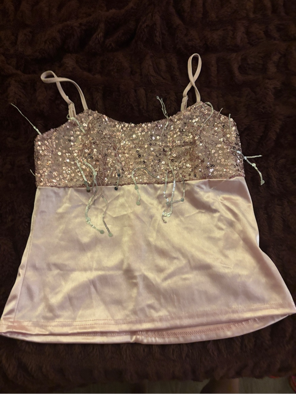Sequin-Embellished Satin Cami Top in Light Pink